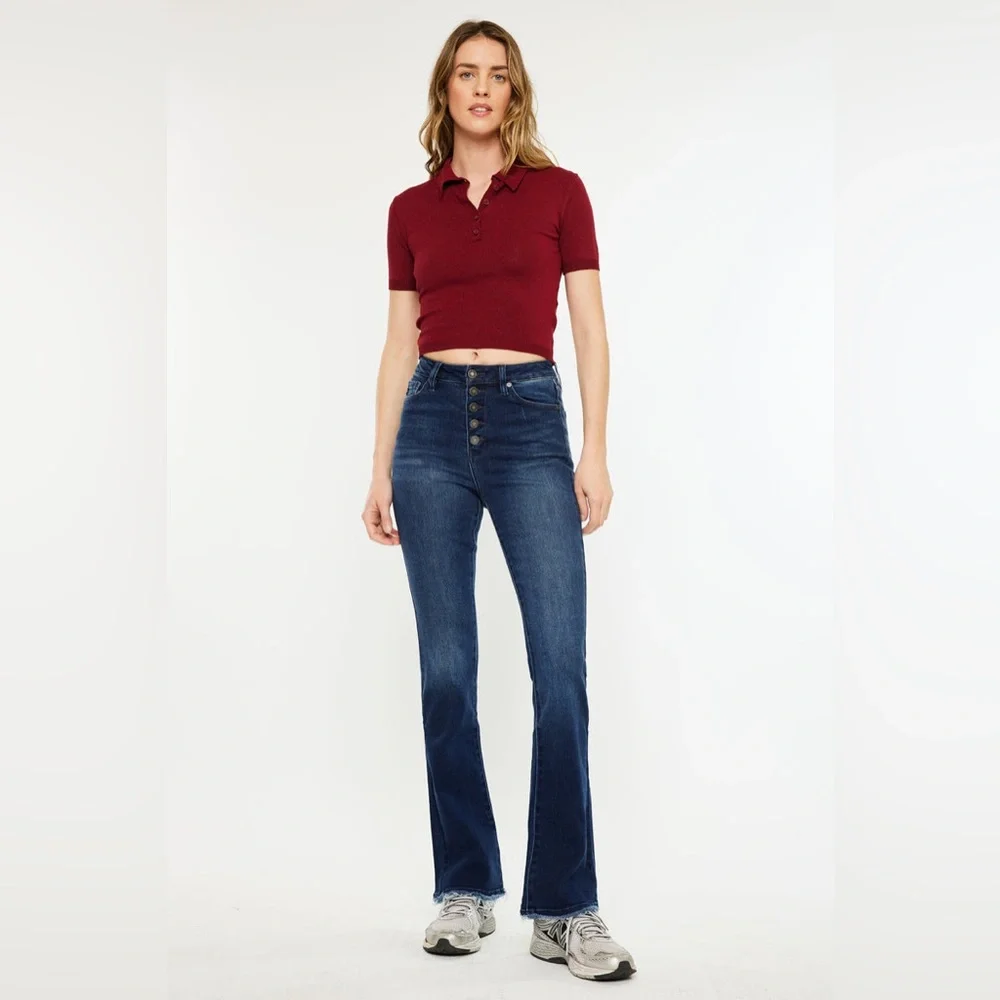Kancan Rainn Ultra High Rise Flare Jeans Button Fly Raw Hem Size 7/27 Dark‎ Wash